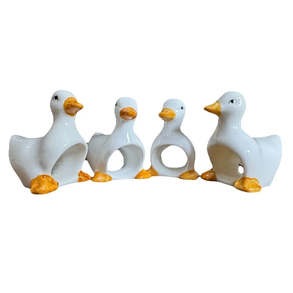4 Adorable Vtg Cottage Core Ceramic White Duck Goose Geese Napkin‎ Rings Holders